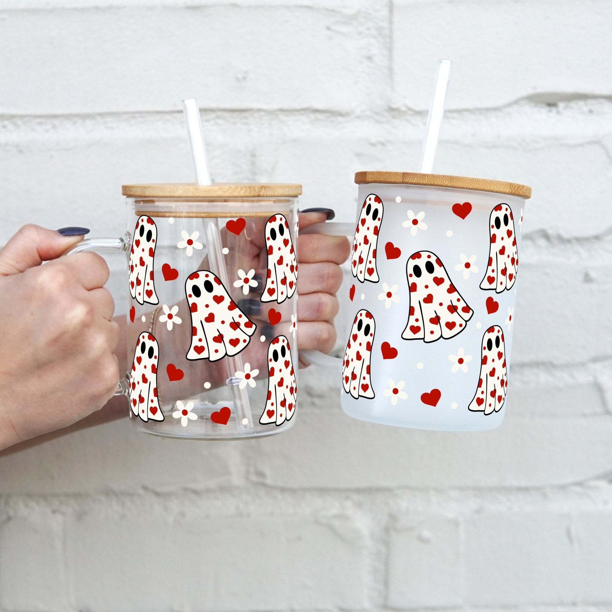 Valentine's Heart Spooky Ghostie 17oz Glass Mug with Lid and Straw - Sip Sip Hooray