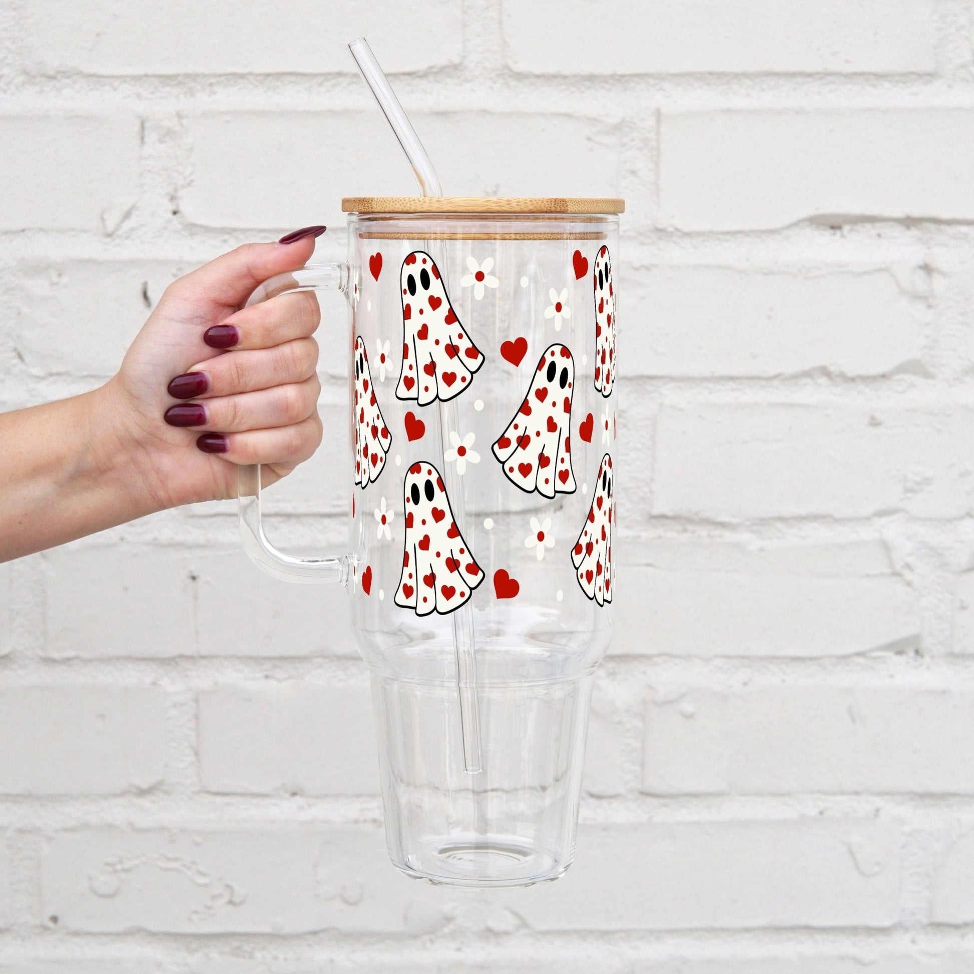 Valentine's Heart Spooky Ghostie 40oz Glass or Plastic Tumbler With Lid and Straw - Sip Sip Hooray