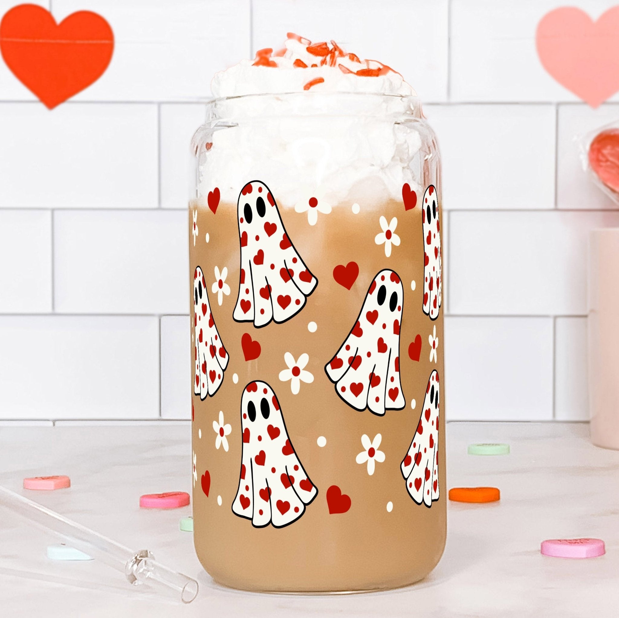 Valentine's Spooky Heart Ghost Cup with Lid and Straw - Sip Sip Hooray
