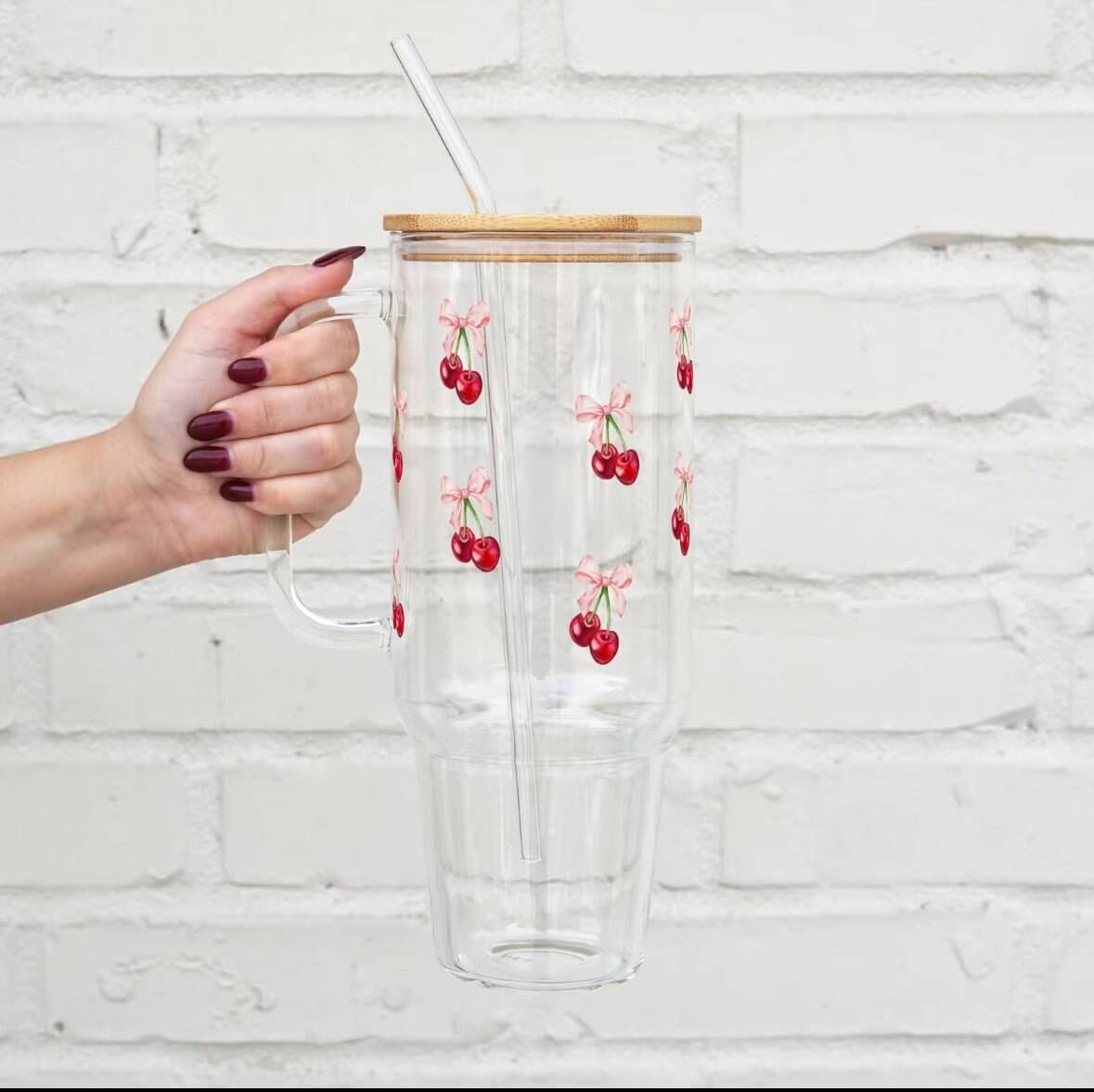 Vintage Cherry Bows Tumbler With Lid and Straw