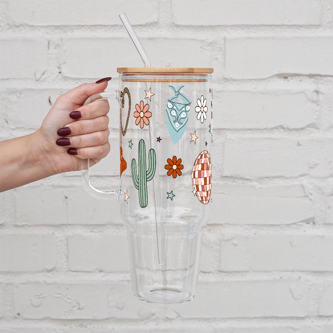 Western Disco Cowgirl 40oz Glass or Plastic Tumbler With Lid and Straw - Sip Sip Hooray