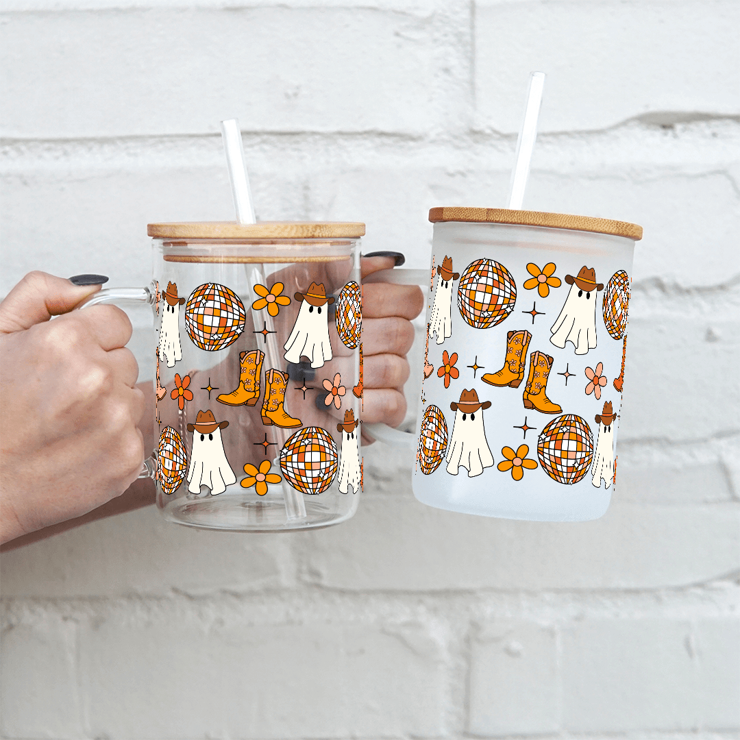 Western Disco Ghost 17oz Glass Mug With Lid and Straw