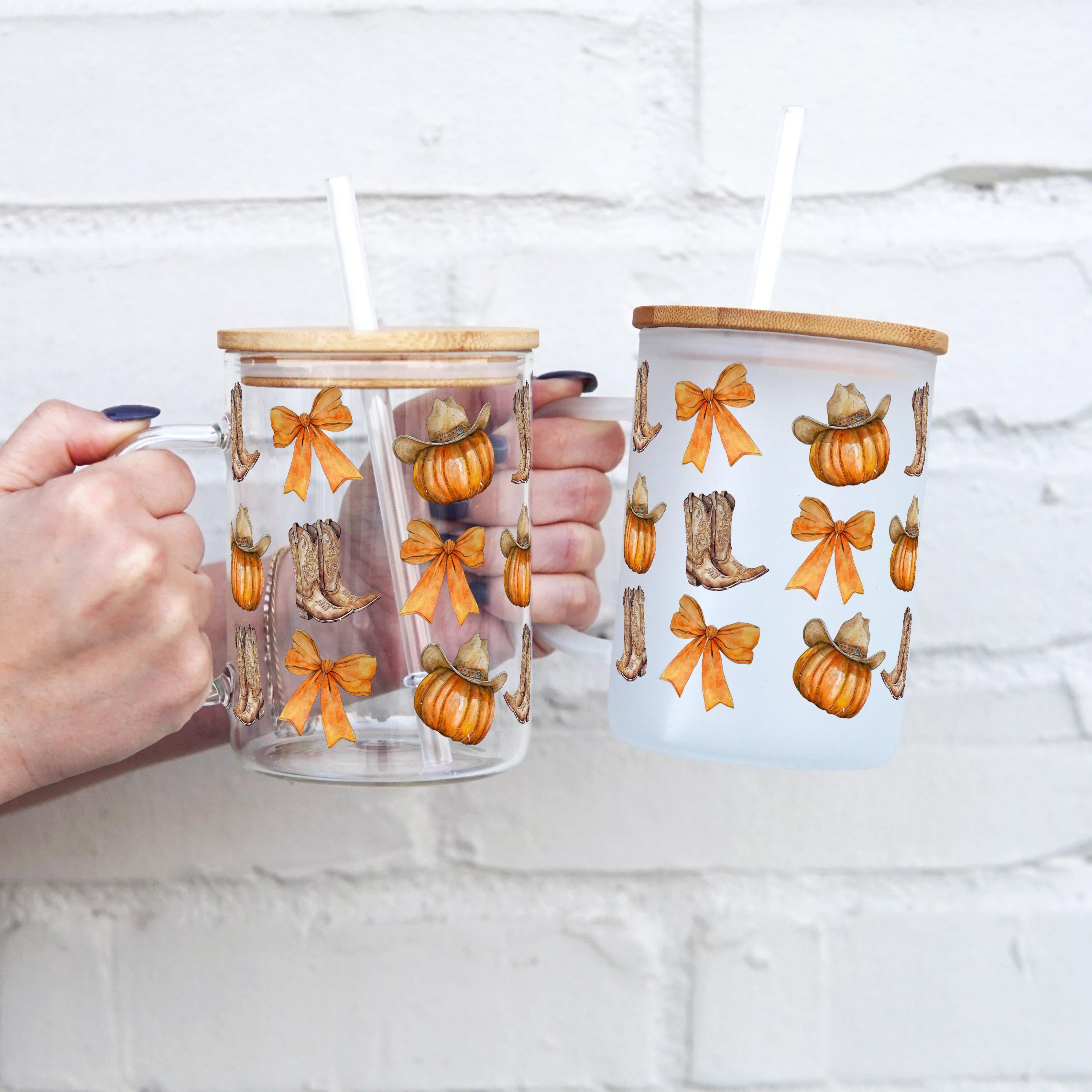 Western Pumpkins 17oz Glass Mug With Lid and Straw - Sip Sip Hooray