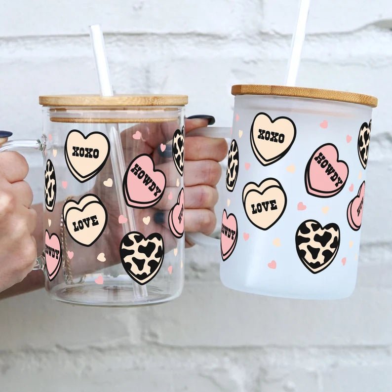 Western Valentine 17oz Glass Mug With Lid and Straw - Sip Sip Hooray