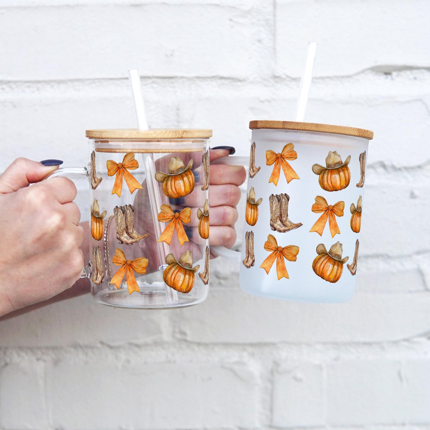 Western Pumpkins 17oz Glass Mug With Lid and Straw