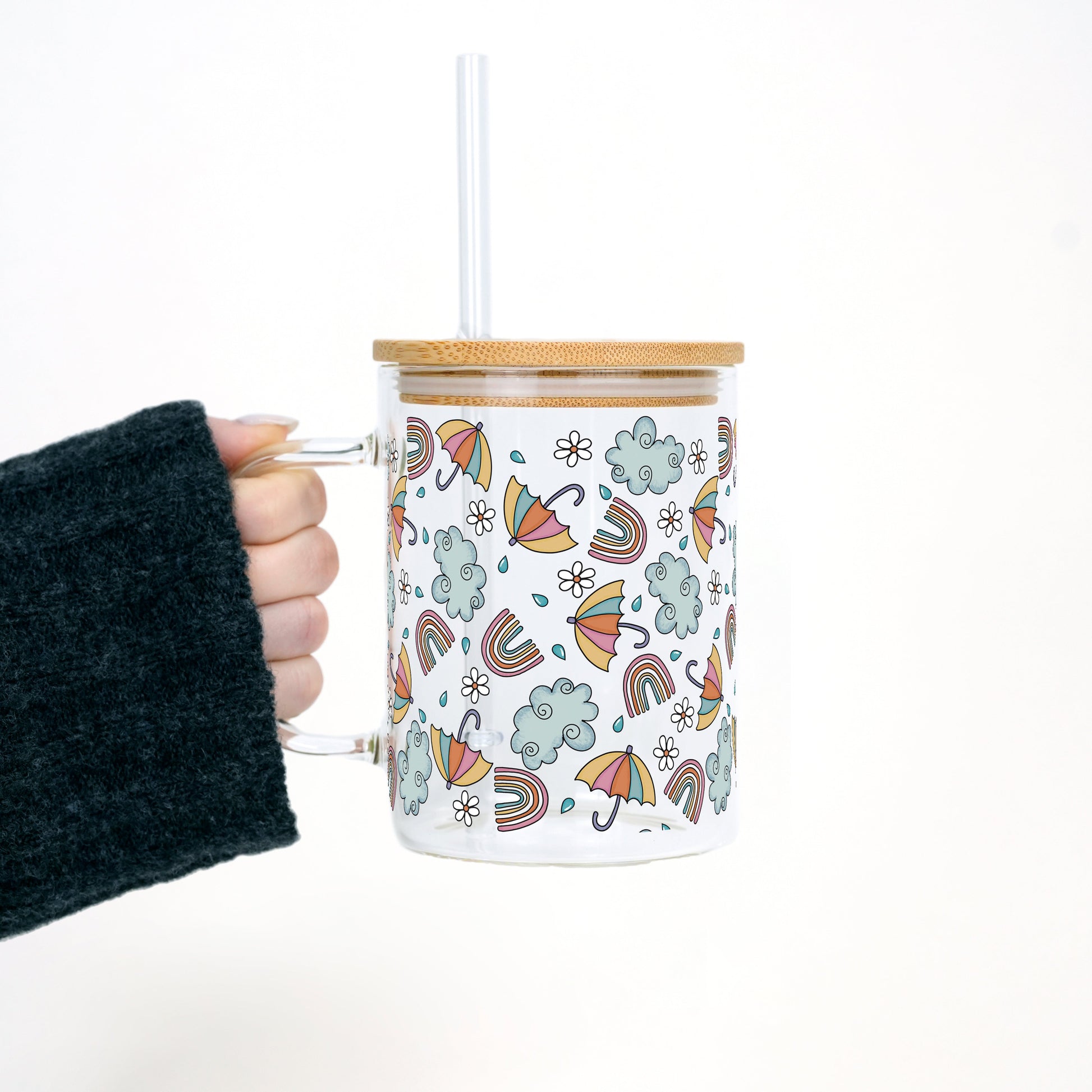 Whimsical Rainy Day 17oz Glass Mug With Lid and Straw - Sip Sip Hooray