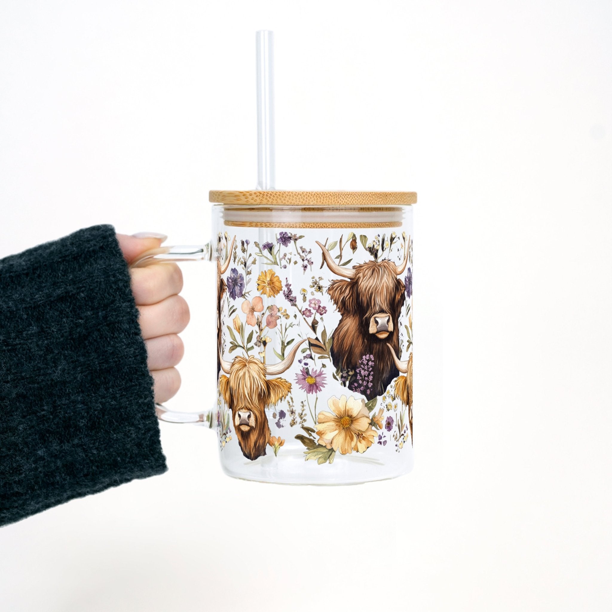 Wildflower Highland Cow 17oz Mug With Lid and Straw - Sip Sip Hooray