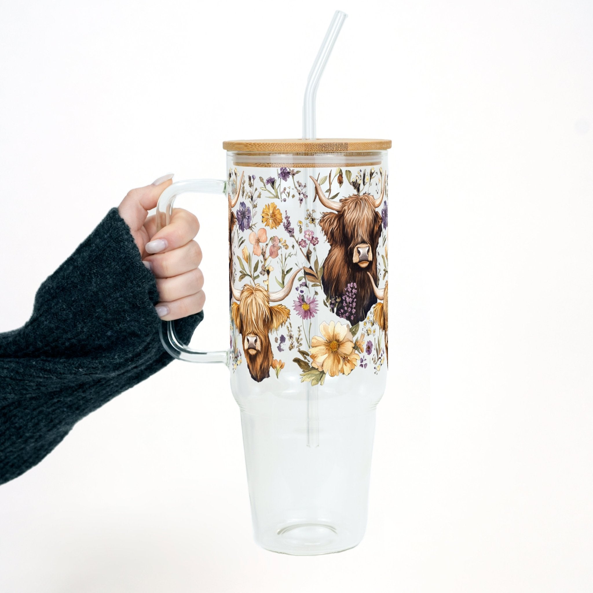 Wildflower Highland Cow 40oz Tumbler With Handle Lid and Straw - Sip Sip Hooray