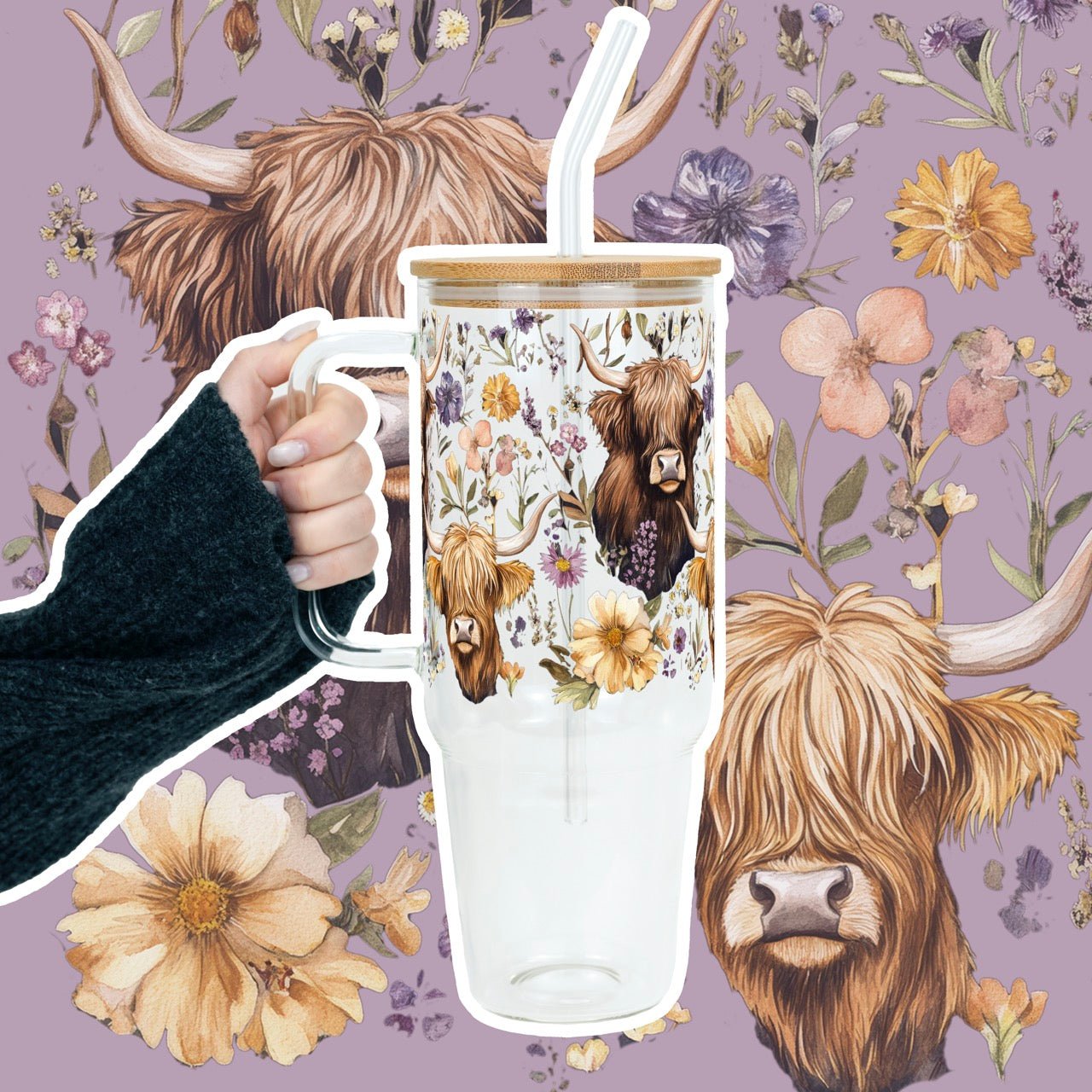 Wildflower Highland Cow 40oz Tumbler With Handle Lid and Straw - Sip Sip Hooray